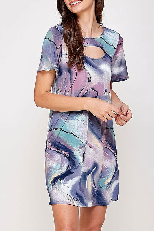 Tie dye print cutout front detail pocket dress (XDG7234)