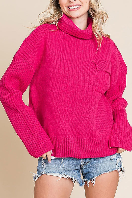 Oversized ribbed knit sweater w/ chest pocket (EDH1929-2)