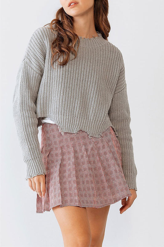 Torn edge long sleeve crop sweater (TDG9938)