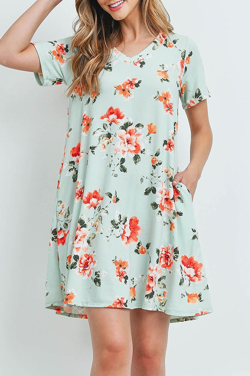 Floral short sleeves v neck on seam pocket dress (DED5983)