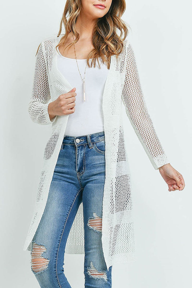 Sheer stripe long line crochet sheer cardigan (ED9492)