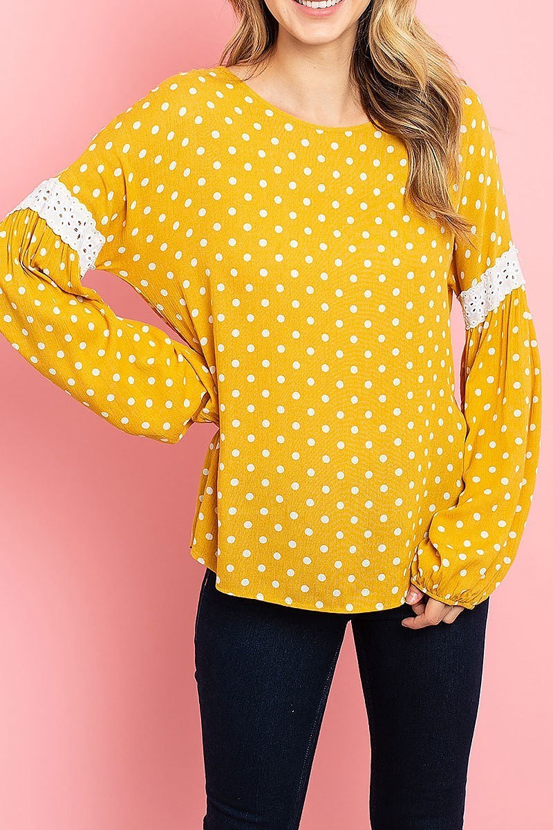 Lace trim bubble sleeve polka dot print top (ED7963-1)