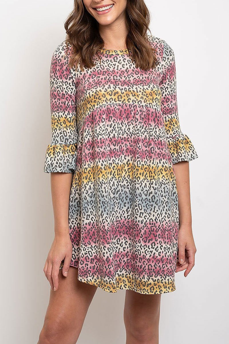 Multi animal print ruffle sleeves tunic dress (EDWT2086)