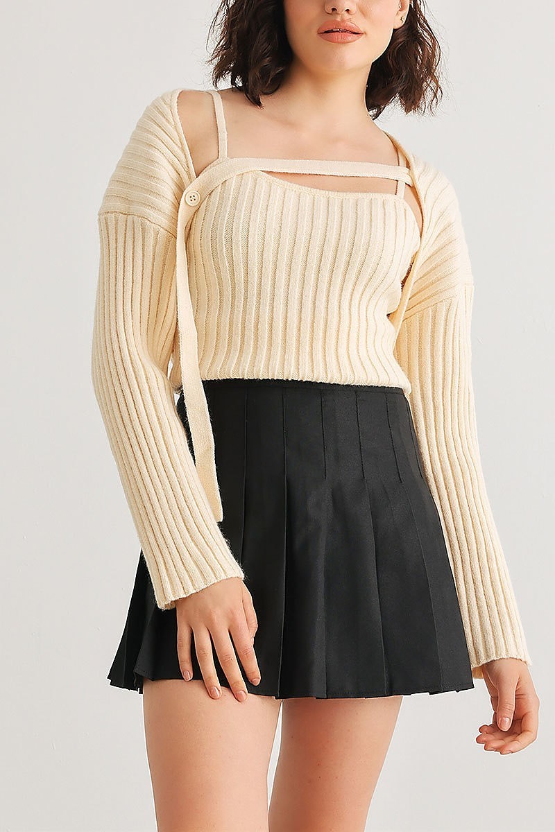 Ribbed knit top and long sleeve cover up set (TED2012)