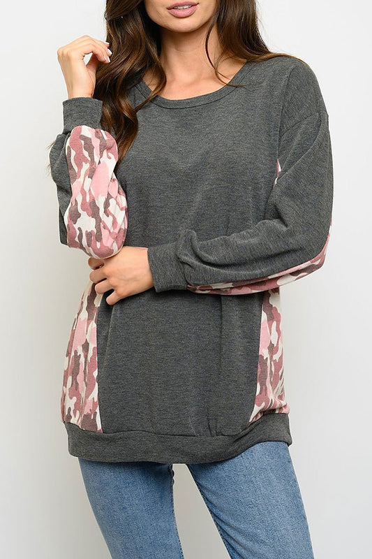 Long sleeve camo color block top (EDWT3067-1)