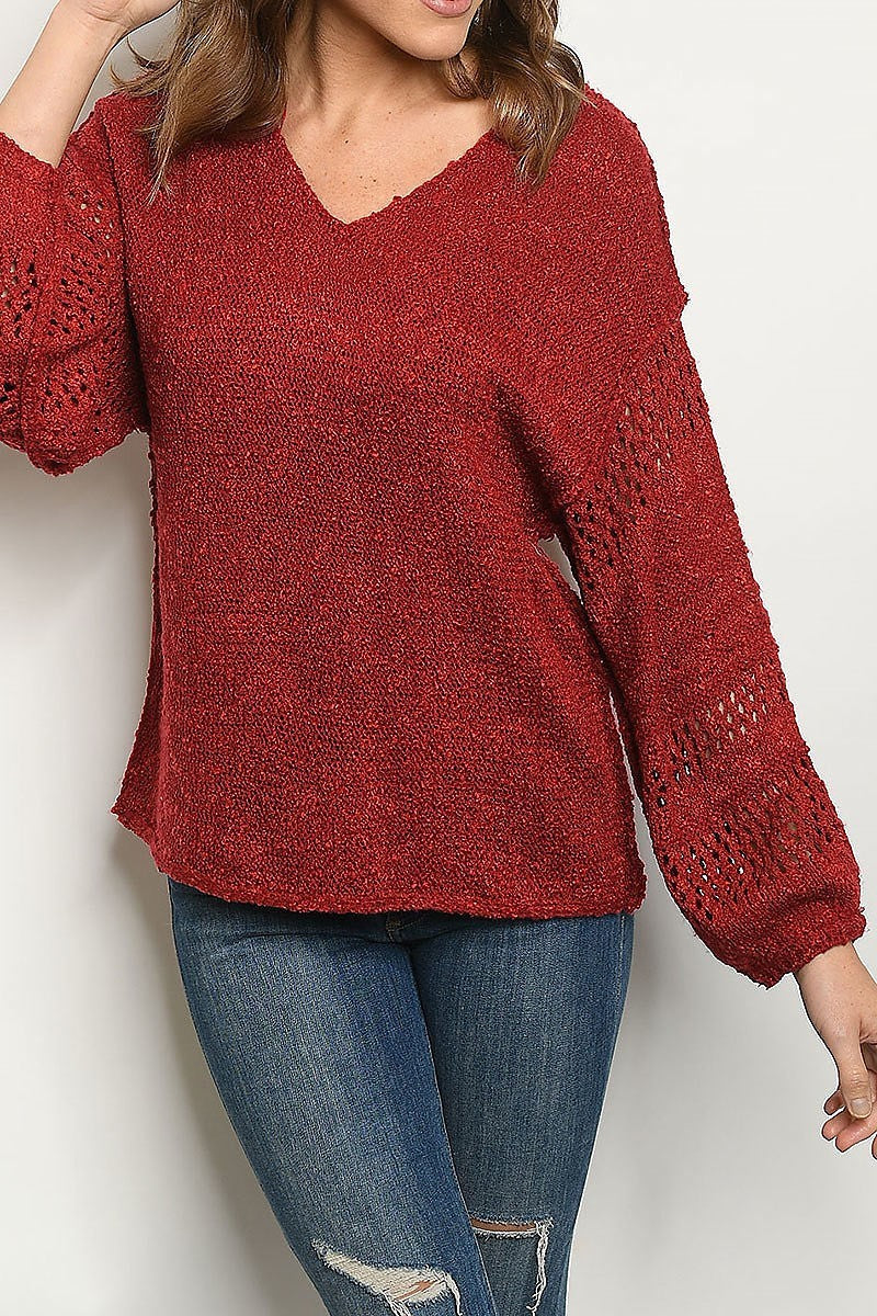 V neck crochet bubble sleeve sweater (DGS4848-3)