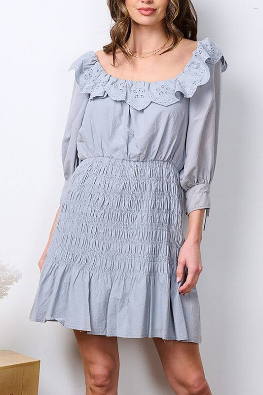 Short sleeve smock open back eyeley mini dress (EFWT7281)