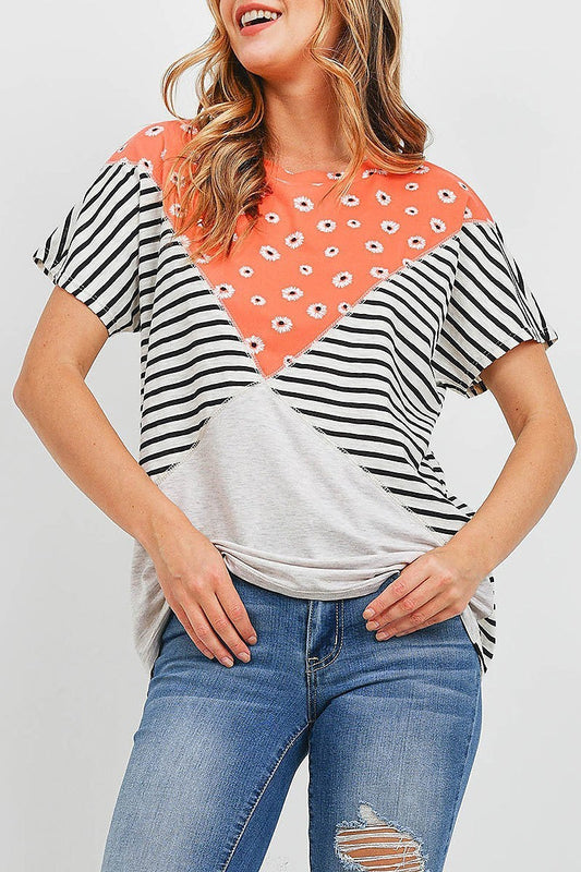 Mix floral stripe color block top (EF1613)