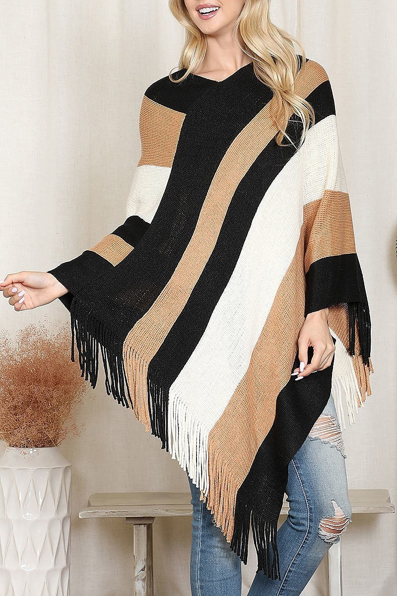 Color block fringe sweater poncho (DGS6331)