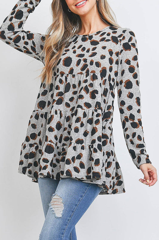 Leopard long sleeve layered shirring top (EF2820)