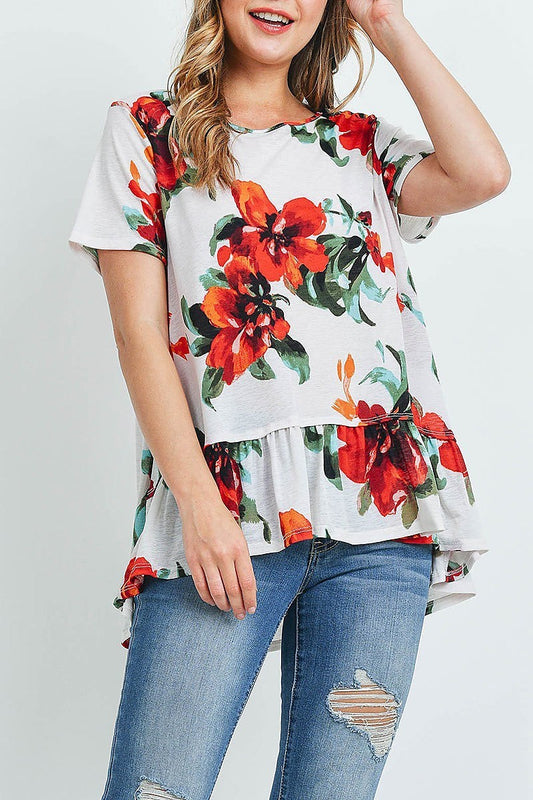 Floral print short sleeves ruffle hem top (ED9251)