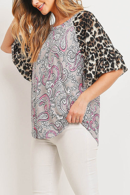 Boat neck animal paisley print color block top (ED8922)