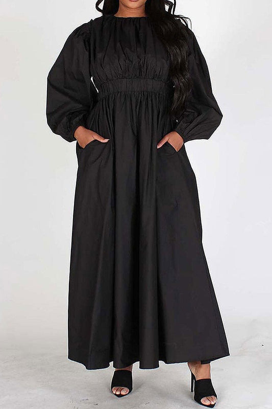 Removable sleeves elastic waist pockets maxi dress (EFWT4303)