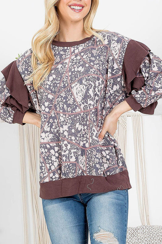 Floral print color block ruffle detail top (EF2835)