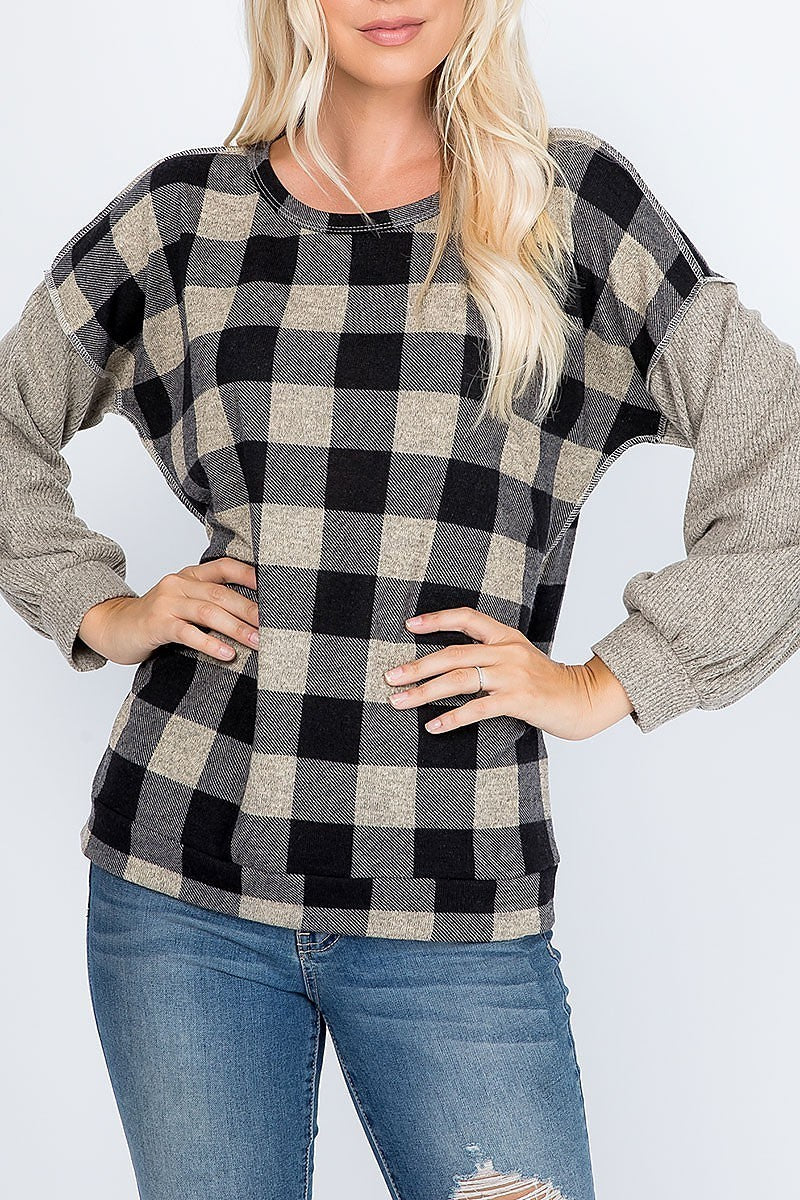 Overlock stitch plaid long sleeve top (EF7894)