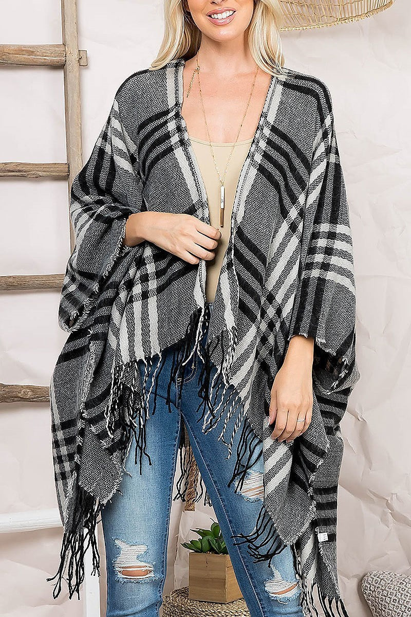 Plaid open front fringe ruana kimono (DGS5554)