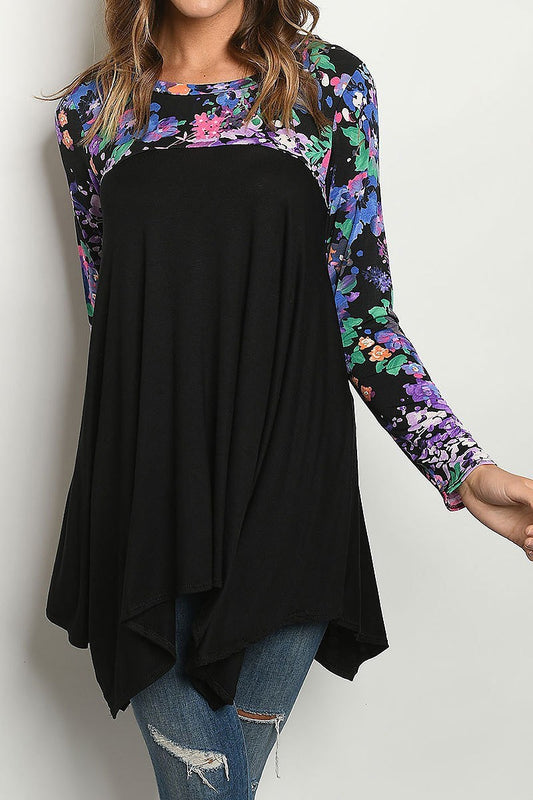 Floral print color block shark bite hem tunic top (ED7293-1)