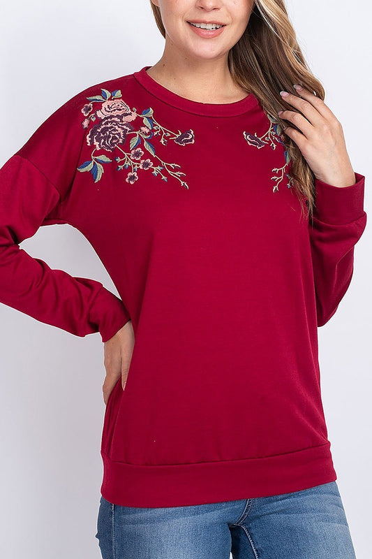 Floral embroidered detail round neck top (EF1893)