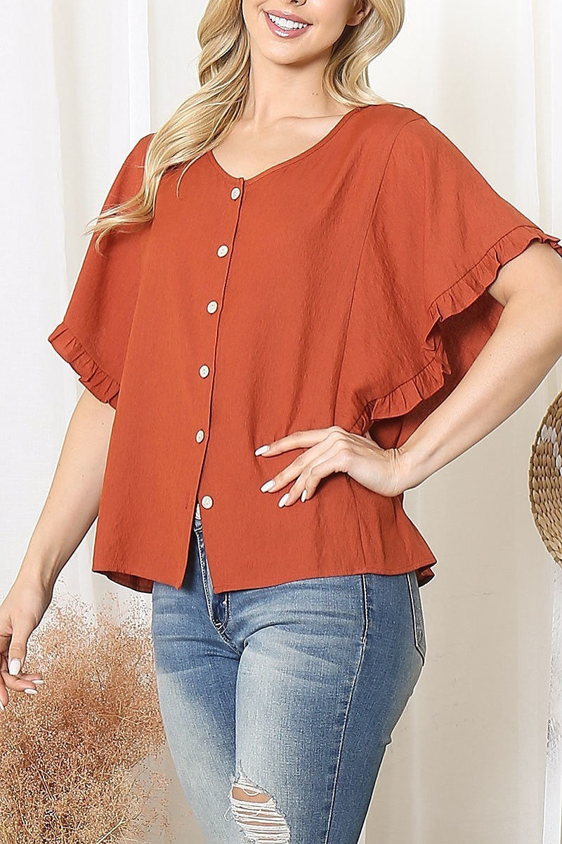 Ruffle sleeve button down top (EF6058)