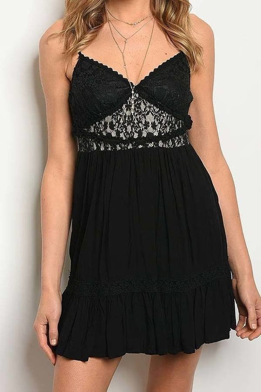 Lace bodice waist detail pleated dress (DED3329-1)