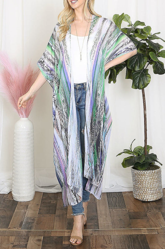 Grain line multicolor print open front long kimono (EF5606)