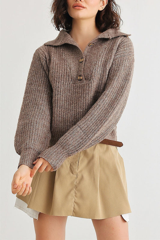 Wool knit button up neck crop sweater (TED2026)