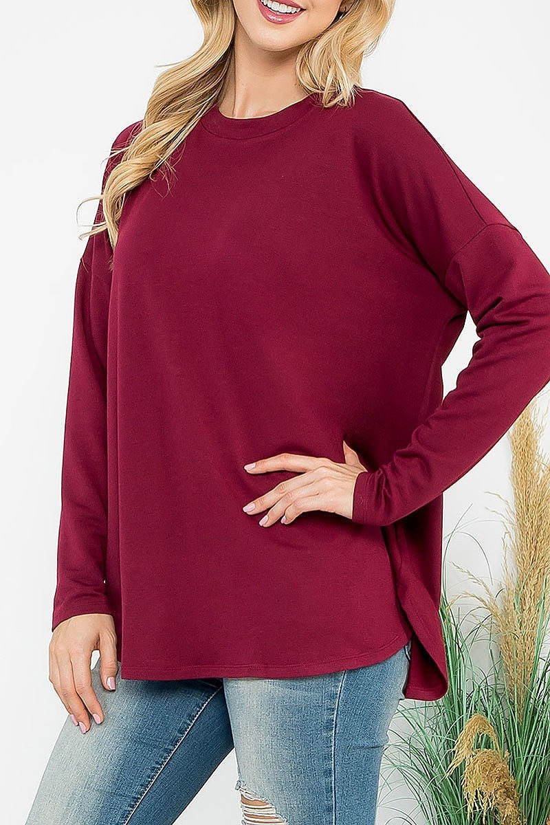 Long sleeve french terry rounded hem top (EF6920)