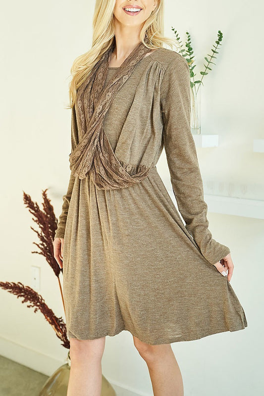 Drape lace front long sleeve ruffled dress (DED7262)