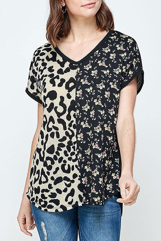 Animal floral color block v neck top (ED9191-1)