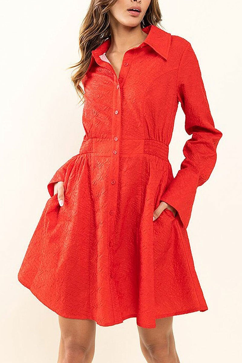 Long sleeve button up pockets detailed mini dress (EFWT8721)