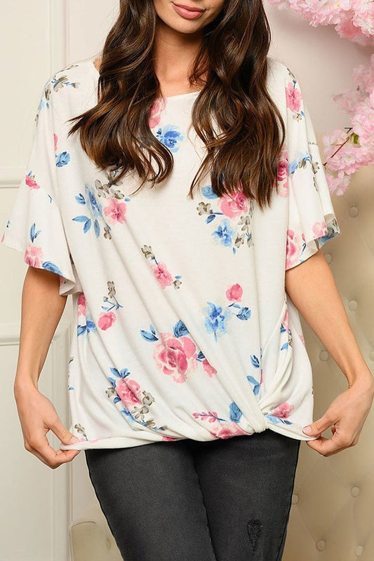 Floral print twist hem loose fit top (EDWT4089)