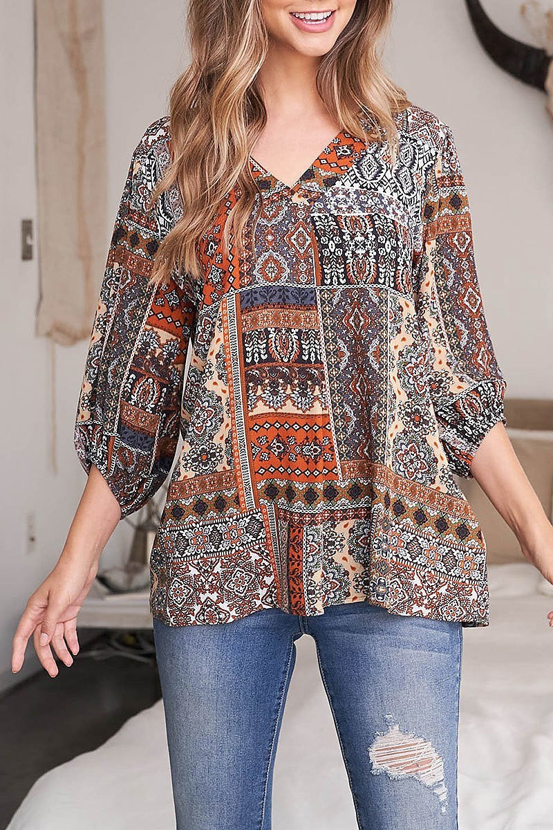 Quarter sleeve v neck front pleat printed top (EF2188)