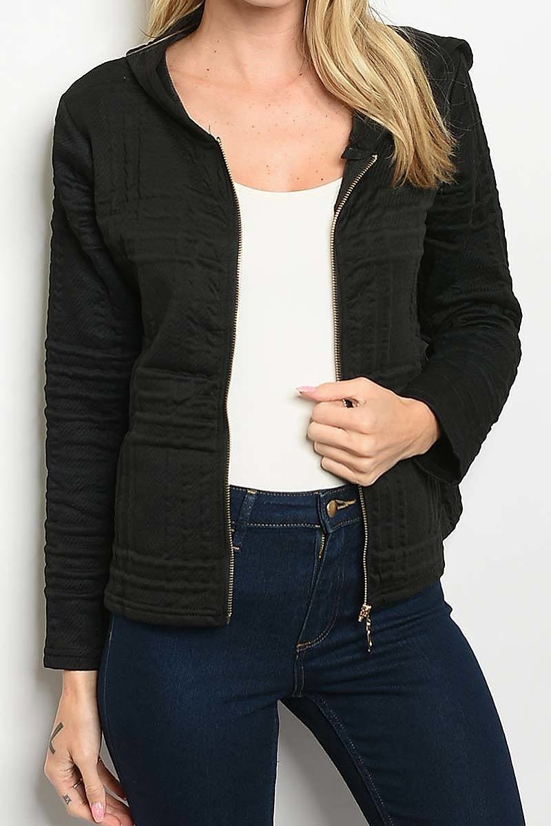 Textured plaid zipper front hoodie jacket (DGS3838-3)