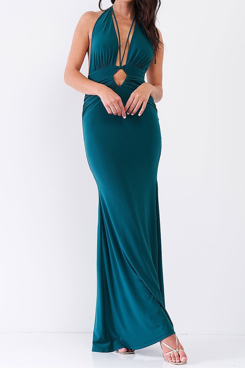 Halter neck front cutout detail ruched open back maxi dress (TDG7762-3)