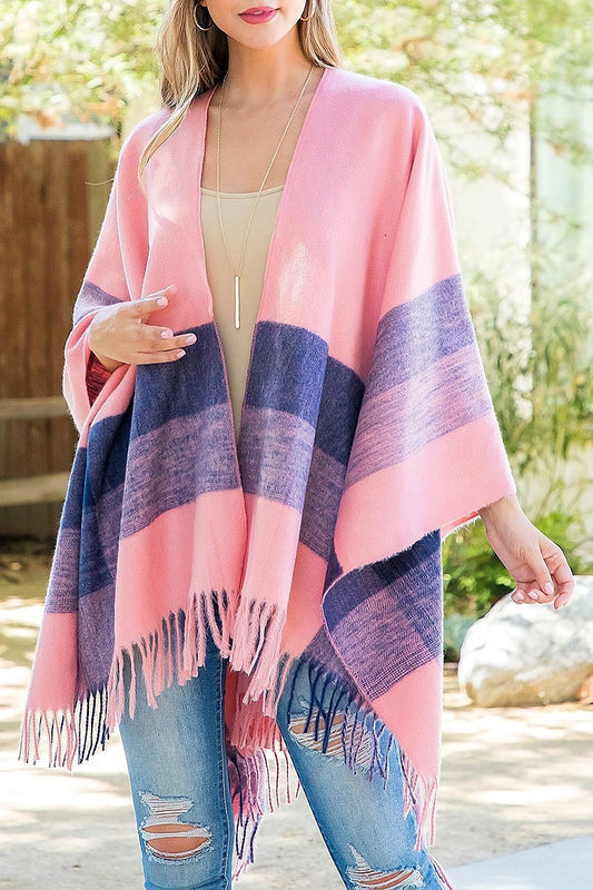 Border line fringe warmer kimono wrap (DGS5840)