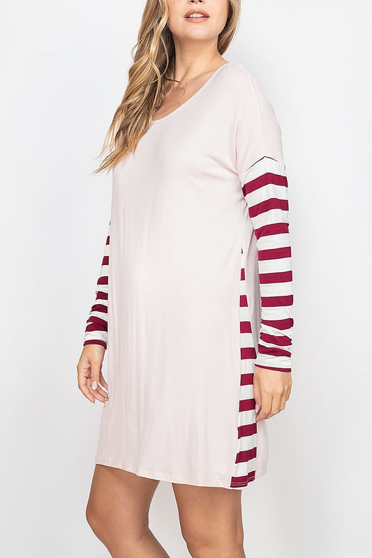 Stripe contrast long sleeve color block tunic dress (DED6732)