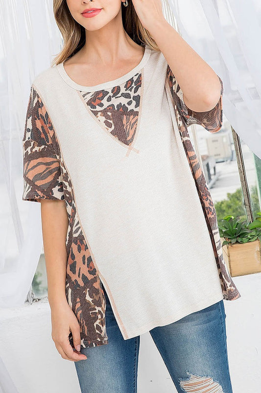 Animal print slit detail color block top (EF3081)