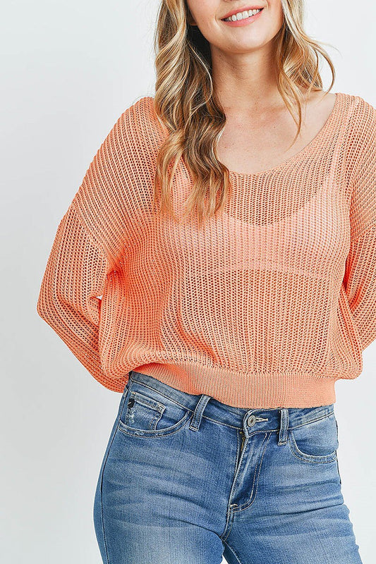 Scoop neck sheer loose fit crop sweater (DGS4714-1)