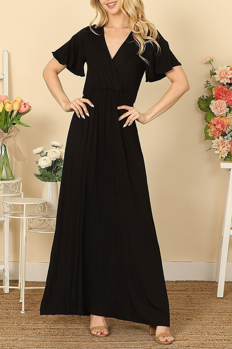 Bell sleeve surplice neck pleated waist maxi dress (DED9443)