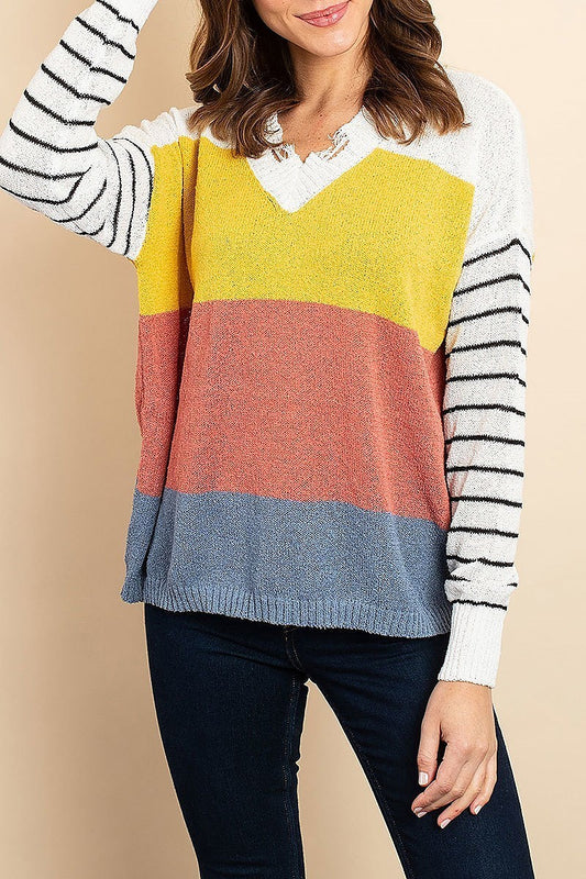 Distressed neck stripe color block sweater (DGS4973)