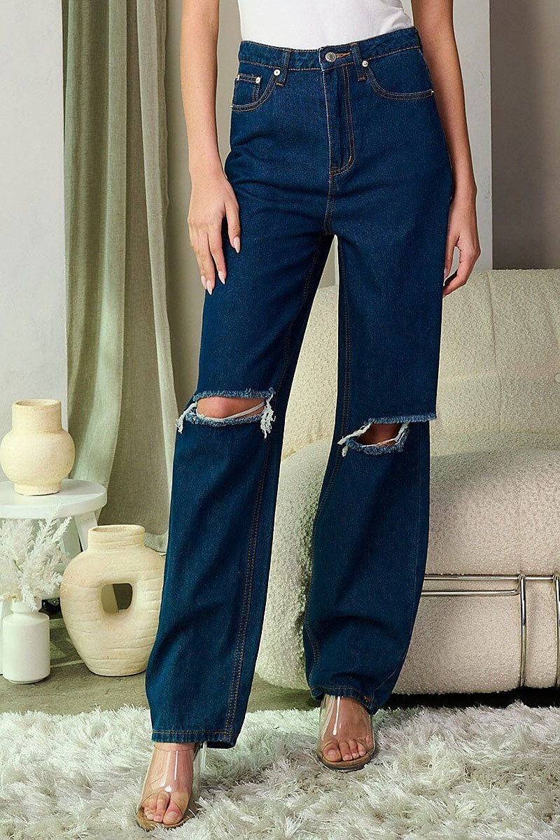 Button closure distress wide leg denim pants (EFWT9317)