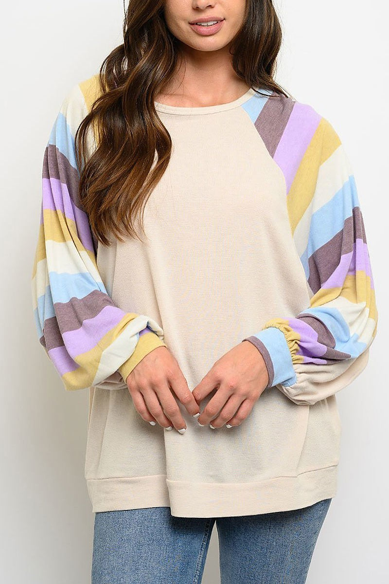 Stripes color block sleeves top (EDWT3216)