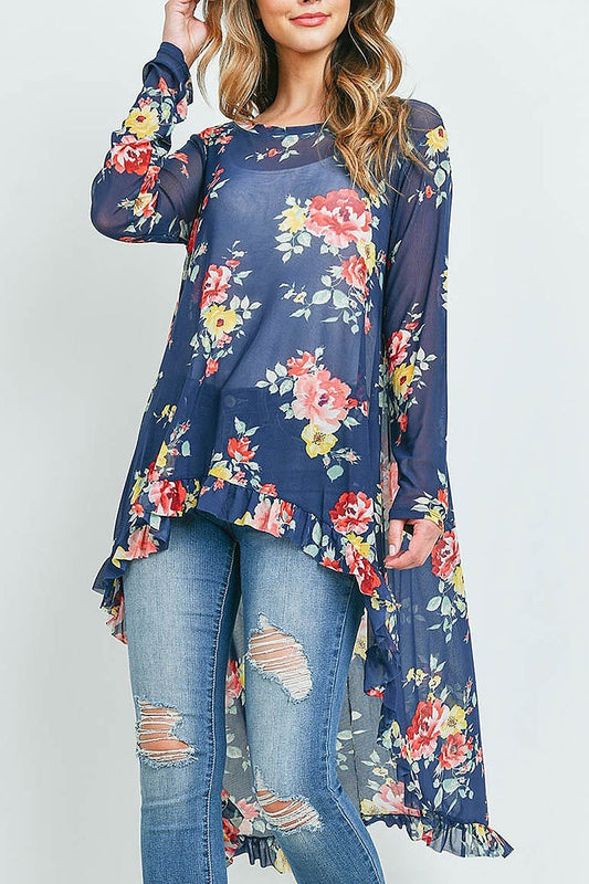 Floral print ruffle detail hi lo top (ED9473)