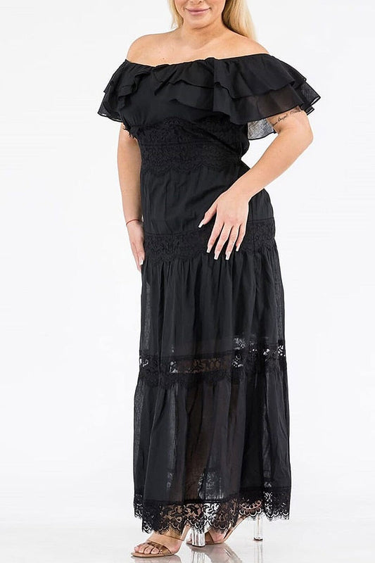 Off shoulder ruffle lace tiered maxi dress (EGWT1339)