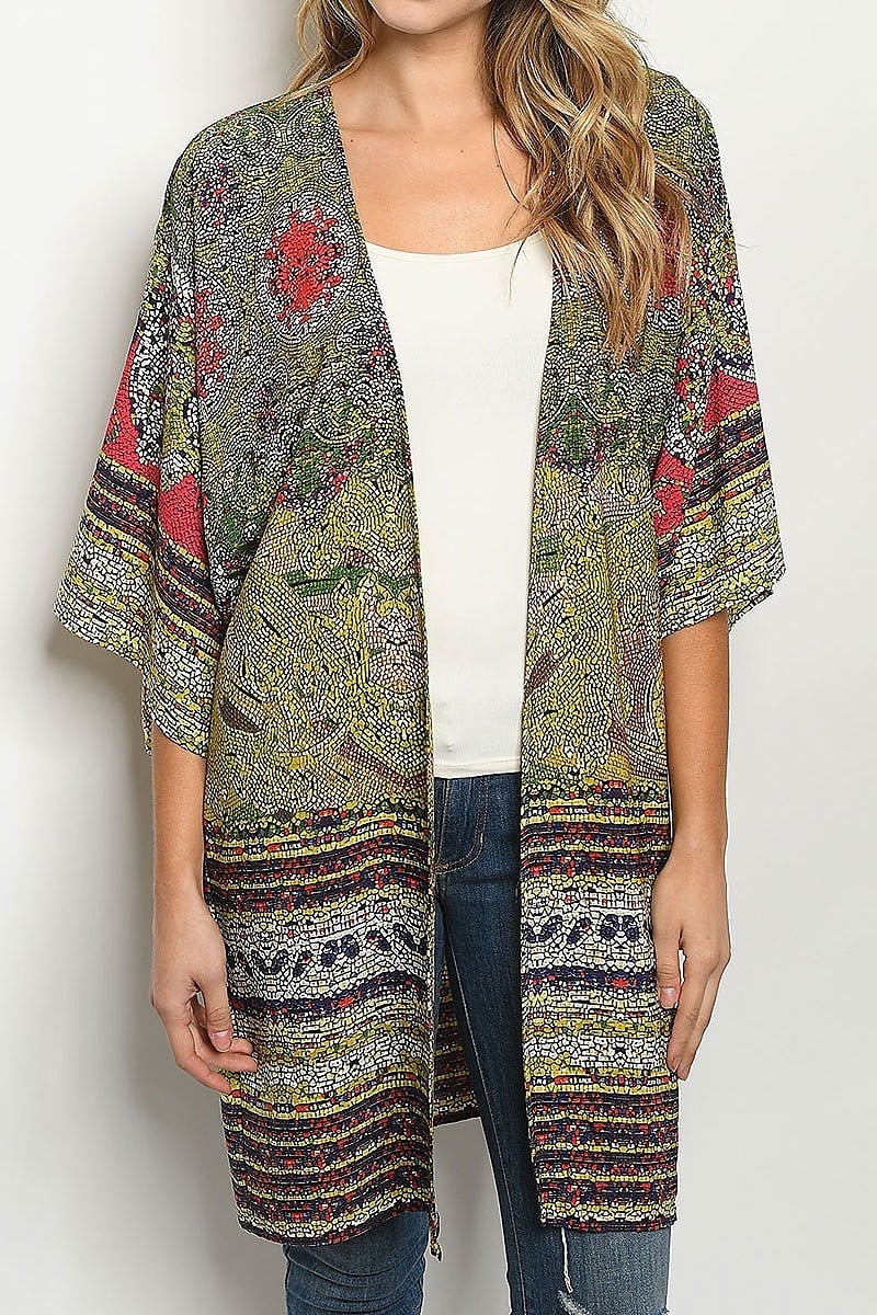 Floral border print open front kimon (ED6894-1)