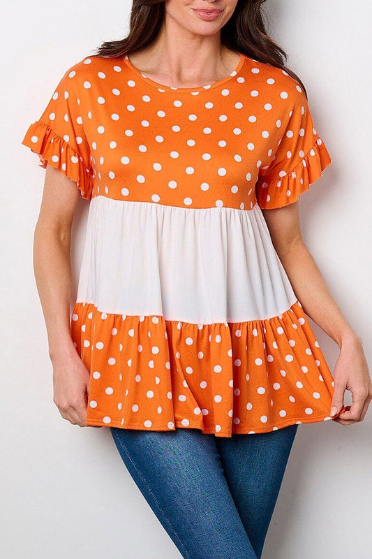 Short sleeve polka dot colorblock tunic top (EFWT8977)