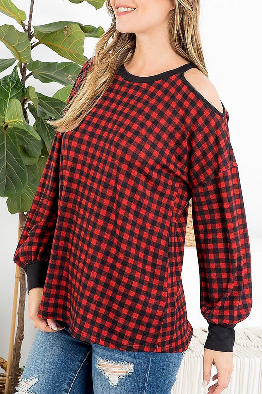 Plaid long sleeve cold shoulder top (EF2757)