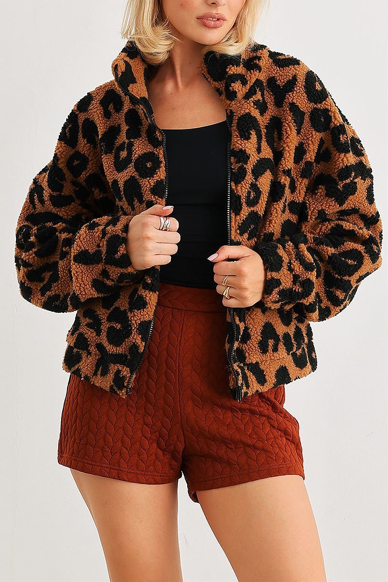 Leopard teddy zip up pocket detail jacket (TED2071)