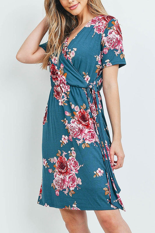 Surplice neckline cinch waist floral dress (DED6013-1)