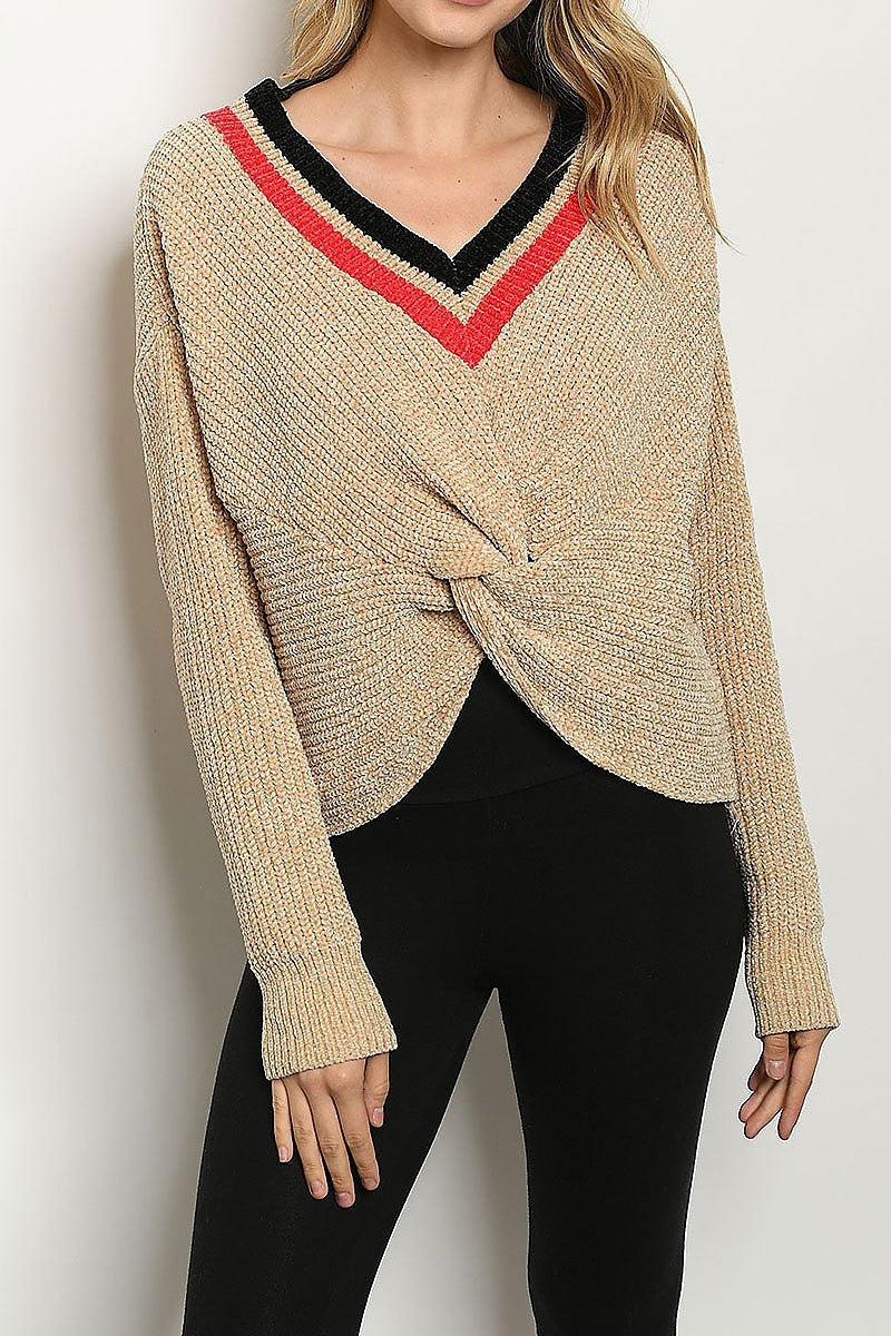 Contrast stripe v neck twist front chenille sweater (DGS4678)